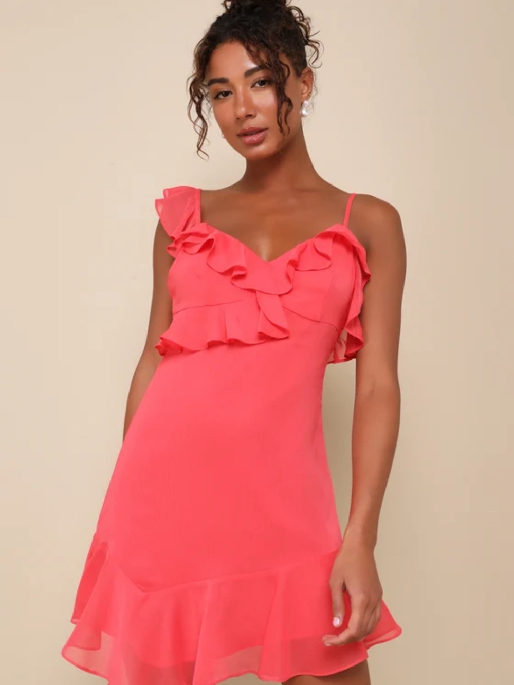 Lulu's Coral Ruffle Mini Dress - Picture 2 of 3
